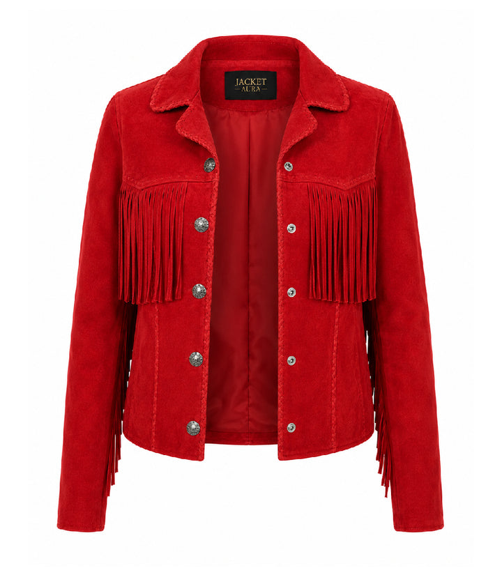 Women's Red Suede Fringe Western Jacket Front - Jacket Aura