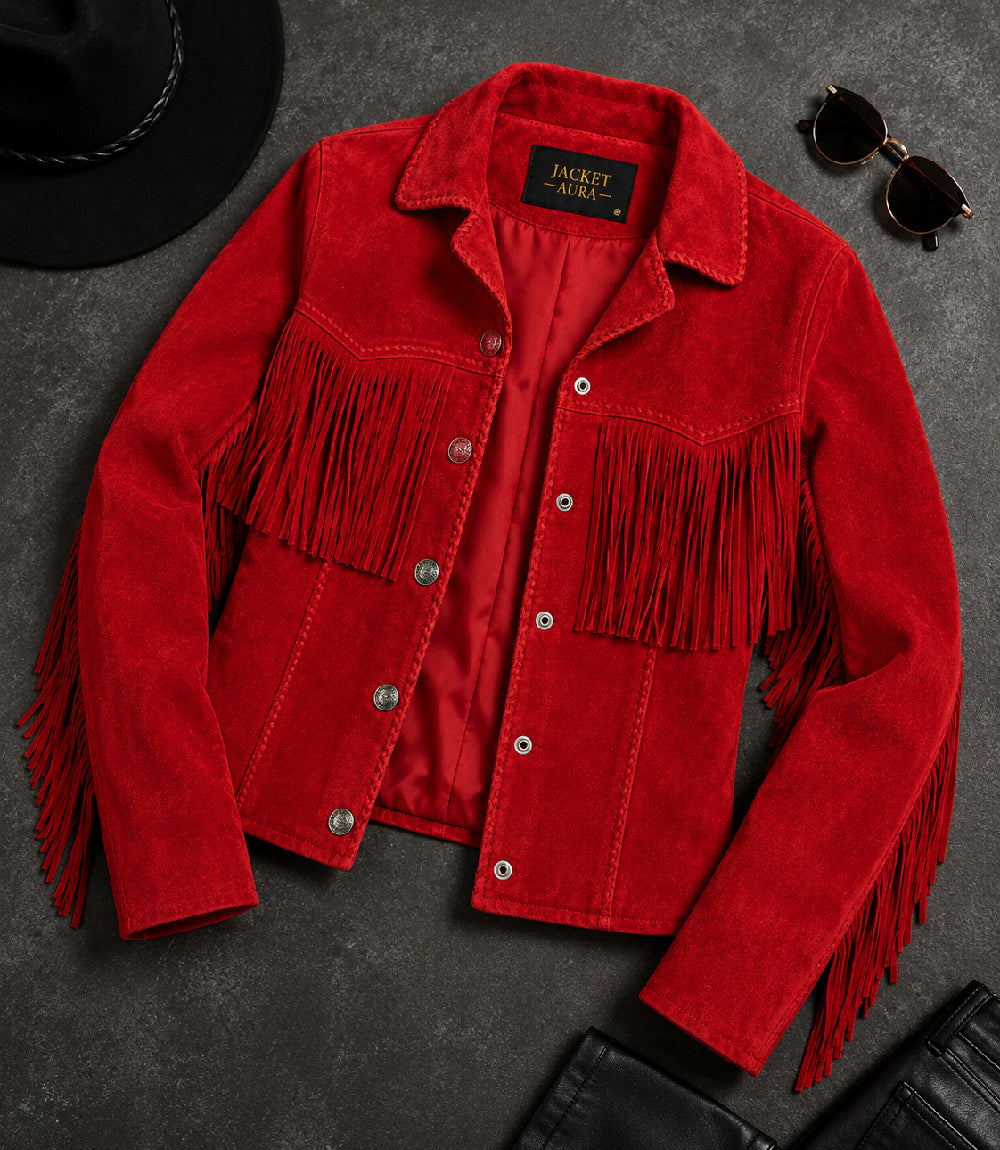 Women's Red Suede Fringe Western Jacket Front View - Jacket Aura