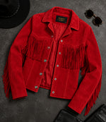 Women's Red Suede Fringe Western Jacket Front View - Jacket Aura