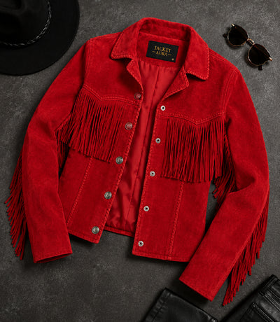 Women's Red Suede Fringe Western Jacket Front View - Jacket Aura
