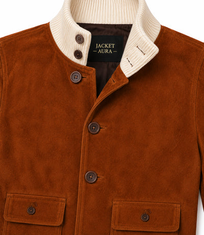 Women's Sasha Brown Suede Button Jacket Closeup - Jacket Aura