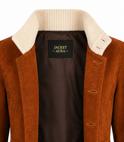 Women's Sasha Brown Suede Button Jacket Collar - Jacket Aura