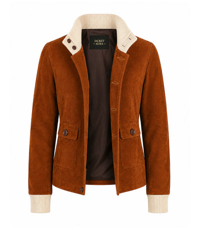Women's Sasha Brown Suede Button Jacket Front - Jacket Aura