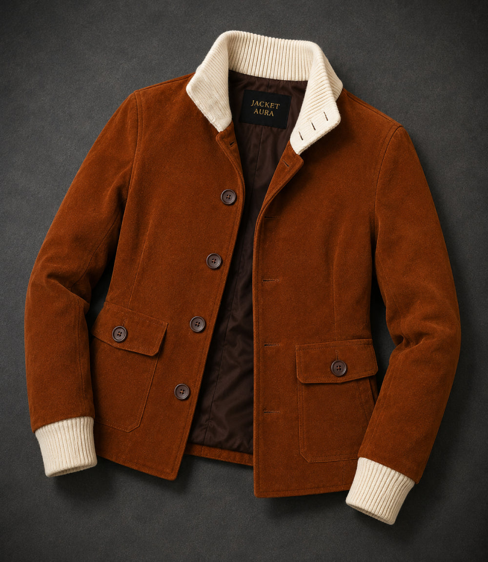 Women's Sasha Brown Suede Button Jacket Front View - Jacket Aura