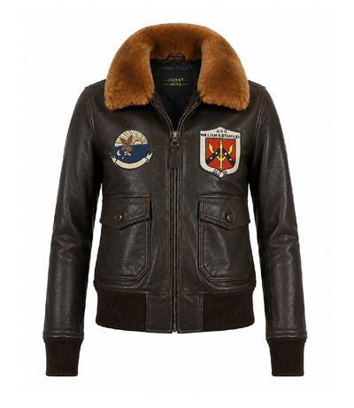 Women's Shearling Collar Aviator Leather Flight Jacket - Jacket Aura