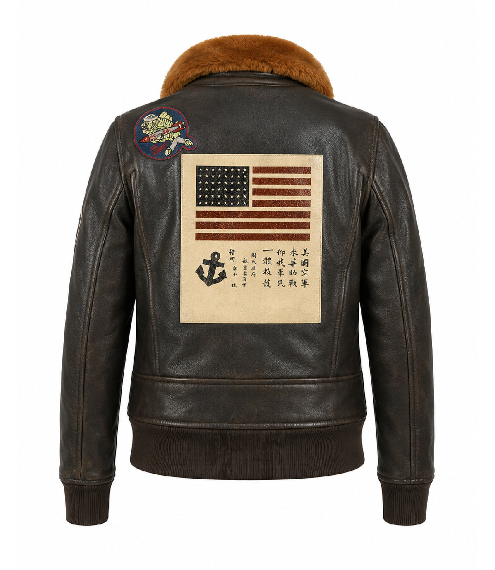 Women's Shearling Collar Aviator Leather Flight Jacket Back - Jacket Aura