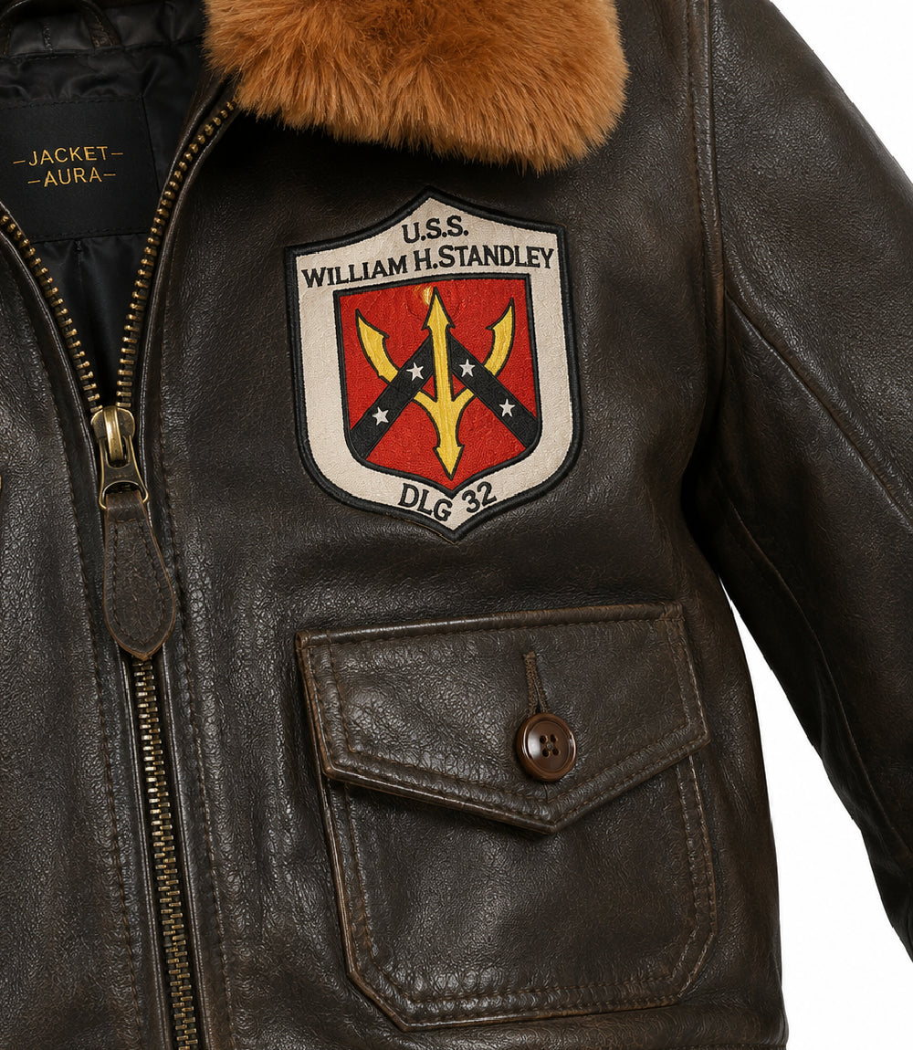 Women's Shearling Collar Aviator Leather Flight Jacket Closeup - Jacket Aura