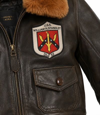 Women's Shearling Collar Aviator Leather Flight Jacket Closeup - Jacket Aura