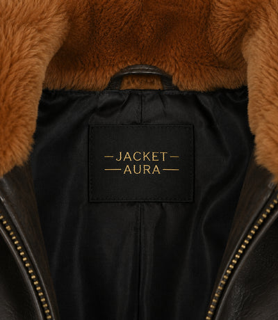 Women's Shearling Collar Aviator Leather Flight Jacket Collar - Jacket Aura
