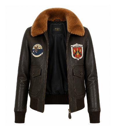 Women's Shearling Collar Aviator Leather Flight Jacket Front - Jacket Aura 