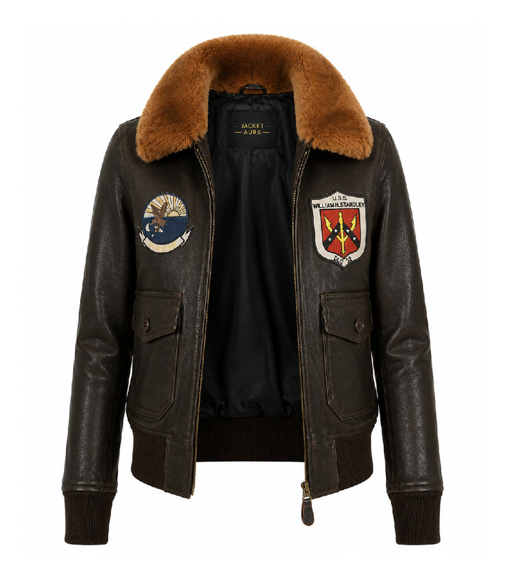 Women's Shearling Collar Aviator Leather Flight Jacket Front - Jacket Aura 