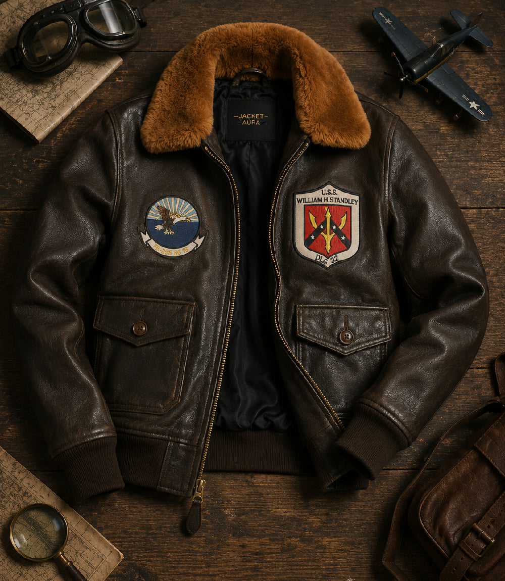 Women's Shearling Collar Aviator Leather Flight Jacket Front View - Jacket Aura